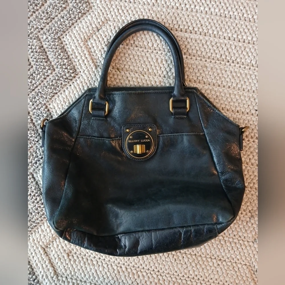 Elliott Lucca Black Genuine Leather Turn Lock Double Handle Bag